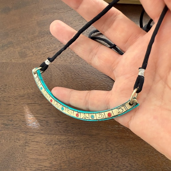 Vintage Jewelry - Turquoise & coral inlay Tibetan mantras amulet pendant necklace black silk cord